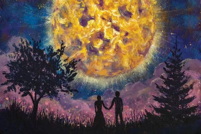 Lovers Man Girl Against Background Beautiful Night Sky And Large Luminous Planet by Valery Rybakow canvas print