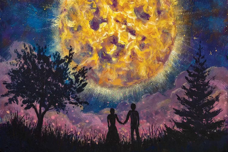 Lovers Man Girl Against Background Beautiful Night Sky And Large Luminous Planet