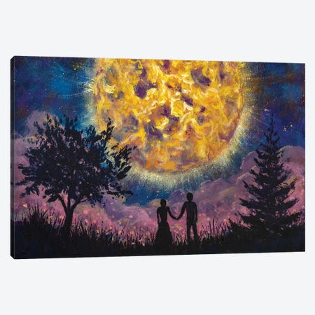 Lovers Man Girl Against Background Beautiful Night Sky And Large Luminous Planet Canvas Print #VRY335} by Valery Rybakow Art Print