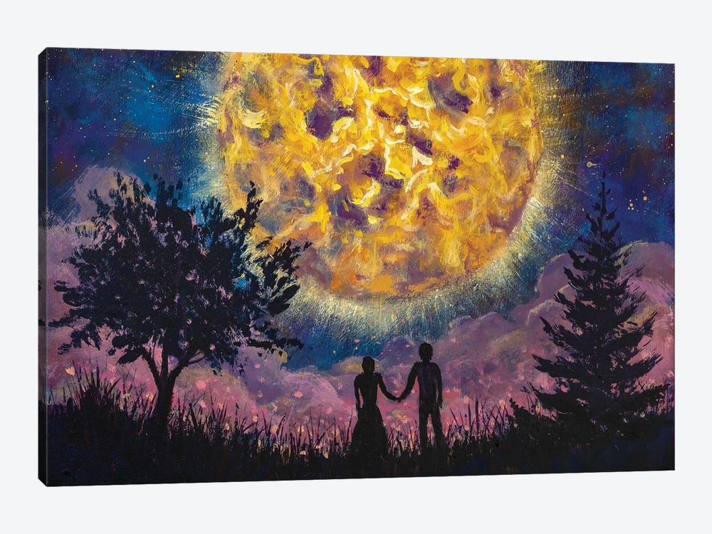 Lovers Man Girl Against Background Beautiful Night Sky And Large Luminous Planet by Valery Rybakow 1-piece Canvas Art
