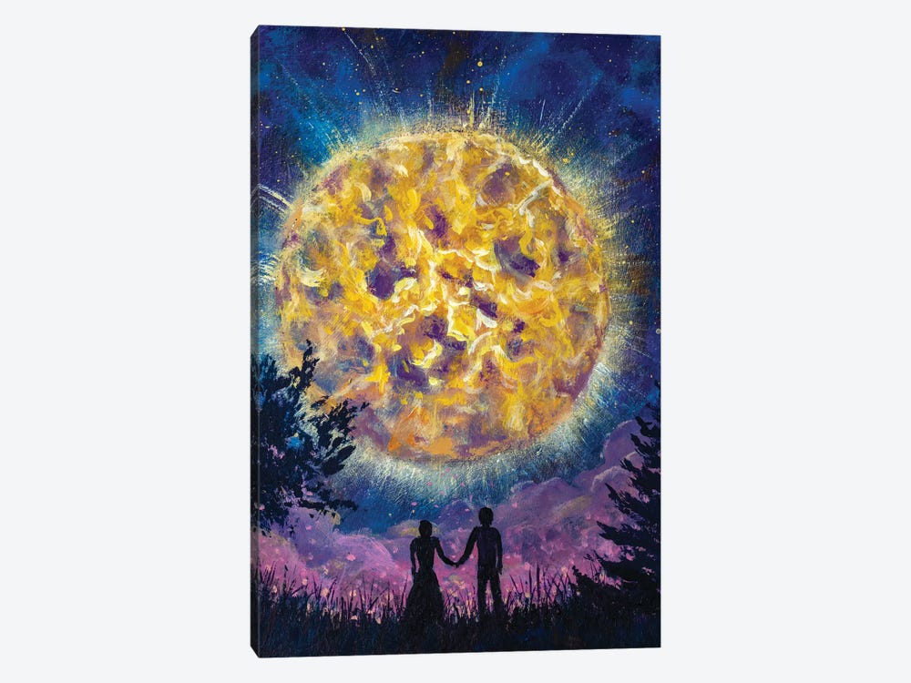 Silhouette Of Guy And Girl In Love Couple On Background Of Beautiful Starry Night Landscape. by Valery Rybakow 1-piece Canvas Print