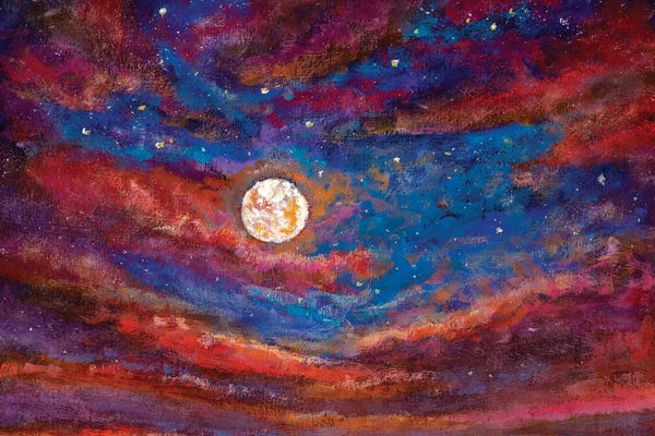 Beautiful Purple Clouds, A Large Bright Moon In The Starry Sky