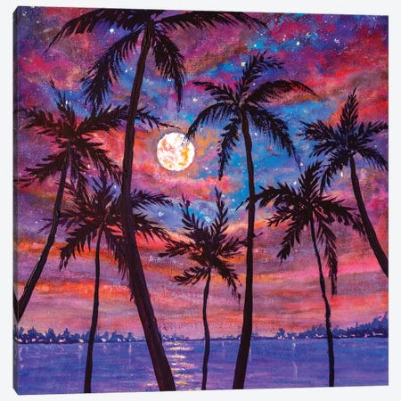Beautiful Relaxing Landscape: Palm Trees, Pink Purple Sunset Over Sea And Large Moon Canvas Print #VRY339} by Valery Rybakow Canvas Wall Art