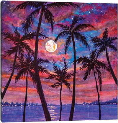 Beautiful Relaxing Landscape: Palm Trees, Pink Purple Sunset Over Sea And Large Moon Canvas Art Print