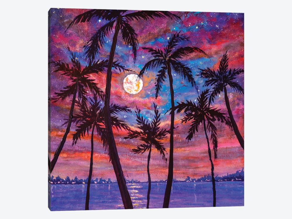 Beautiful Relaxing Landscape: Palm Trees, Pink Purple Sunset Over Sea And Large Moon by Valery Rybakow 1-piece Canvas Art