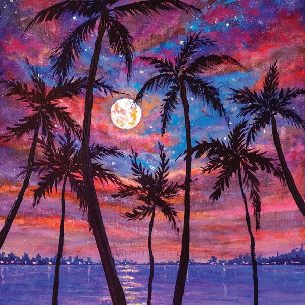 Valery Rybakow: Beautiful Relaxing Landscape: Palm Trees, Pink Purple Sunset Over Sea And Large Moon by Valery Rybakow