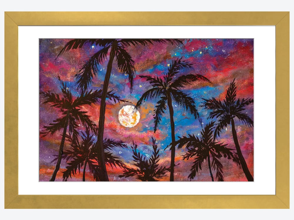Palm Trees, Pink Purple Sunset And Large Moon DIY Diamond Painting