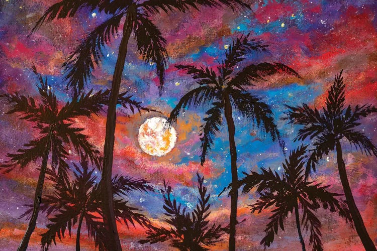 Beautiful Palm Trees, Pink Purple Sunset And Large Moon