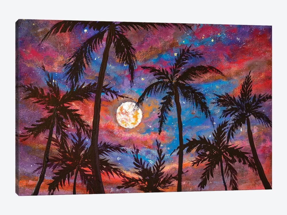 Beautiful Palm Trees, Pink Purple Sunset And Large Moon by Valery Rybakow 1-piece Canvas Print
