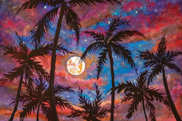 Beautiful Palm Trees, Pink Purple Sunset And Large Moon