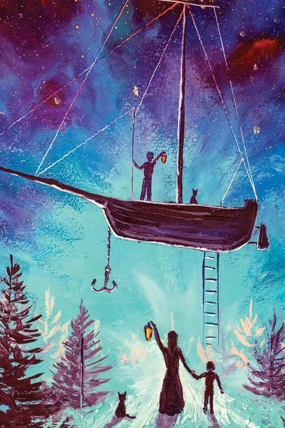 Wife With Son And Cat Meet Her Husband On Flying Sar Pirate Ship by Valery Rybakow canvas print