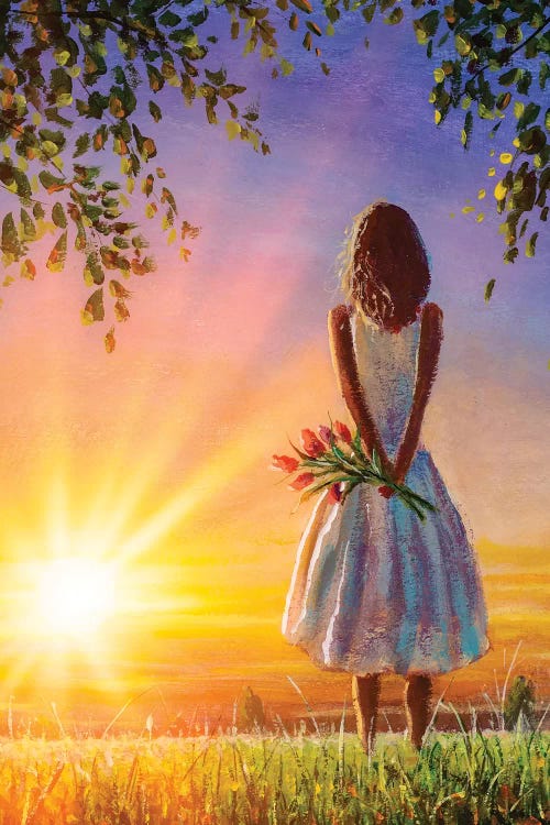 Woman Girl With Flowers On Background Of Summer Warm Evening.