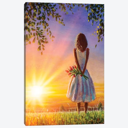 Woman Girl With Flowers On Background Of Summer Warm Evening. Canvas Print #VRY346} by Valery Rybakow Canvas Art