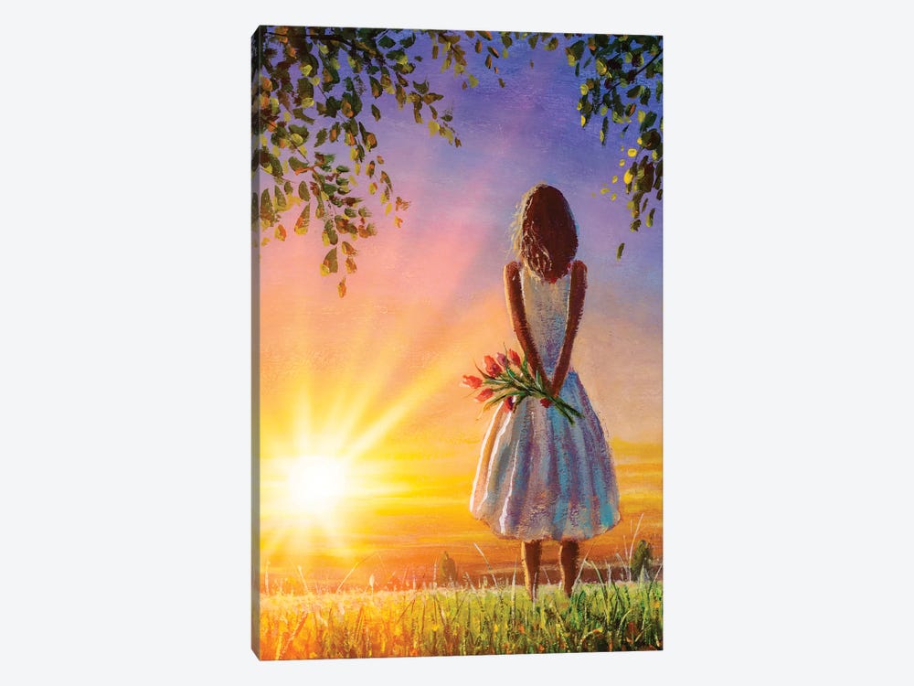 Woman Girl With Flowers On Background Of Summer Warm Evening. by Valery Rybakow 1-piece Canvas Artwork