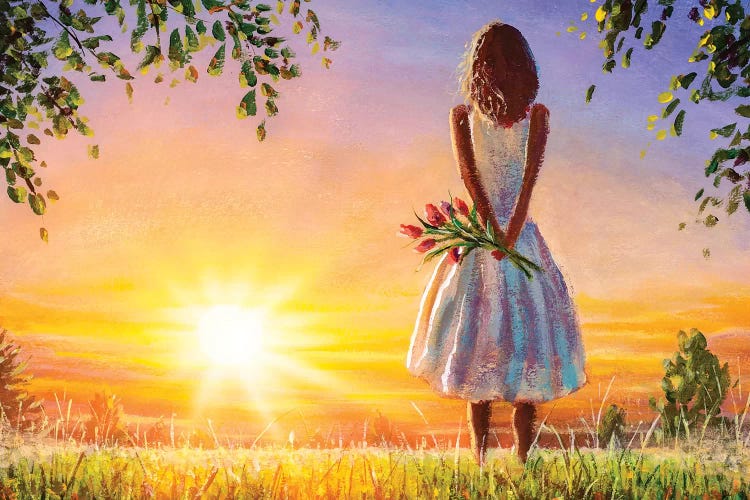 Beautiful Woman With Bouquet Of Flowers In Summer Field Admires Colorful Sunset Dawn.