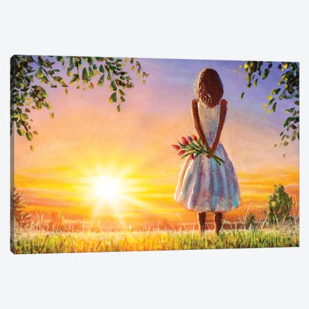 Beautiful Woman With Bouquet Of Flowers In Summer Field Admires Colorful Sunset Dawn. Canvas Print #VRY347} by Valery Rybakow Canvas Art