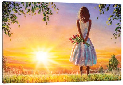 Beautiful Woman With Bouquet Of Flowers In Summer Field Admires Colorful Sunset Dawn. Canvas Art Print - Valery Rybakow