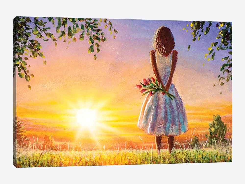 Beautiful Woman With Bouquet Of Flowers In Summer Field Admires Colorful Sunset Dawn. by Valery Rybakow 1-piece Canvas Art Print