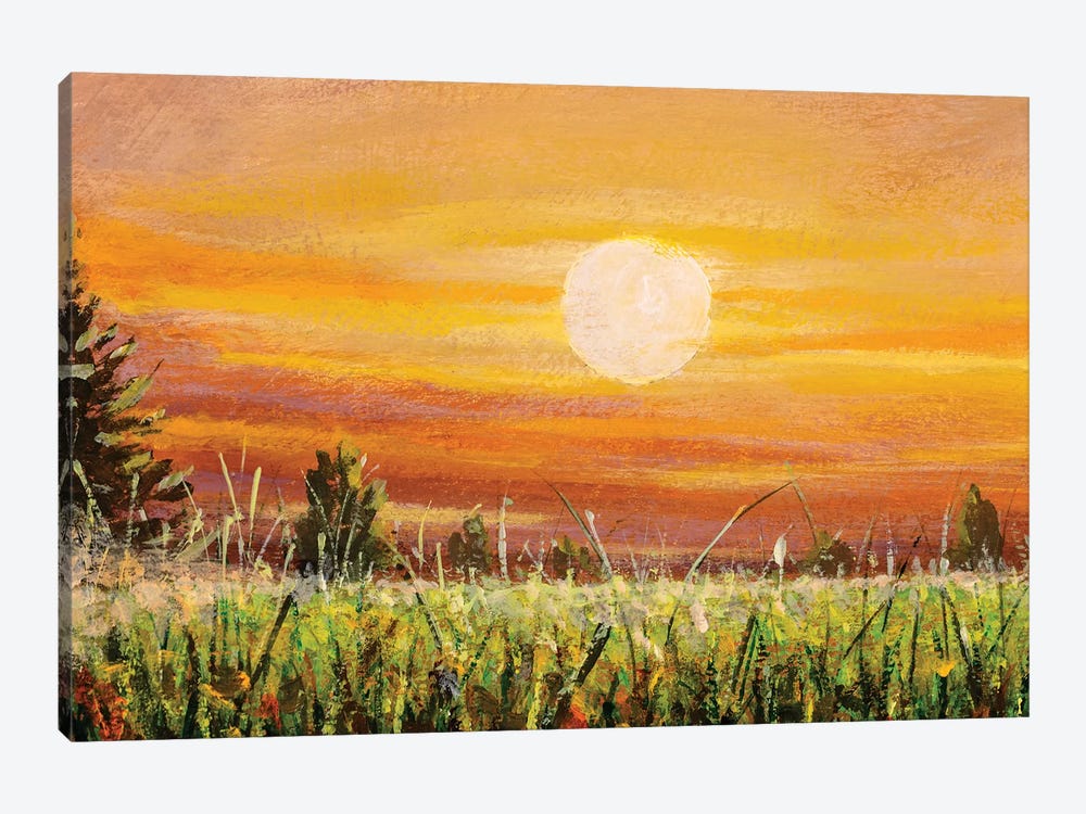 Beautiful Warm Sunset Dawn Over Green Field by Valery Rybakow 1-piece Canvas Wall Art