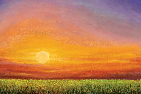 Valery Rybakow: Dawn Sunset Over A Green Field by Valery Rybakow