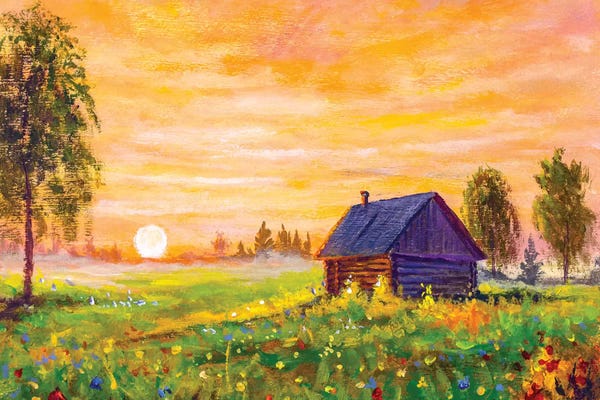 Valery Rybakow: Old Rural Farmhouse In The Field by Valery Rybakow