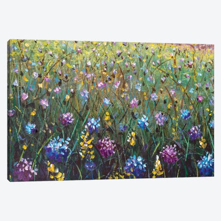 Blue, Yellow And Violet Flowers In Grass Canvas Print #VRY358} by Valery Rybakow Canvas Wall Art