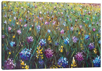 Blue, Yellow And Violet Flowers In Grass Canvas Art Print - Valery Rybakow