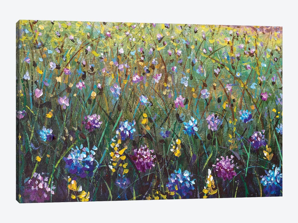 Blue, Yellow And Violet Flowers In Grass by Valery Rybakow 1-piece Art Print