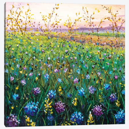 Beautiful Field Flowers On Sunset Painting Art Canvas Print #VRY359} by Valery Rybakow Canvas Artwork