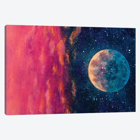 Fantastic Oil Painting Beautiful Big Planet Moon Among Stars In Universe. Canvas Print #VRY372} by Valery Rybakow Canvas Art