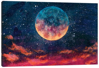 Moon Among Stars In Universe Canvas Art Print - Astronomy & Space Art