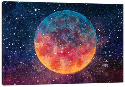 Big Moon Among Stars In The Universe Canvas Art Print - Moon Art