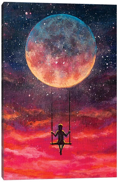Girl Guy Man Riding On Big Moon Planet Earth Canvas Art Print - Valery Rybakow
