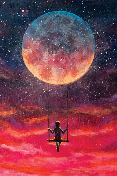 Valery Rybakow: Girl Guy Man Riding On Big Moon Planet Earth by Valery Rybakow