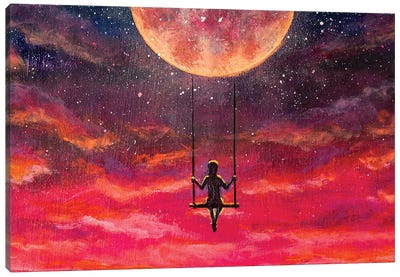 Girl Guy Rides On Swing In Sky Against Starry Sky. Canvas Art Print - Silhouette Art