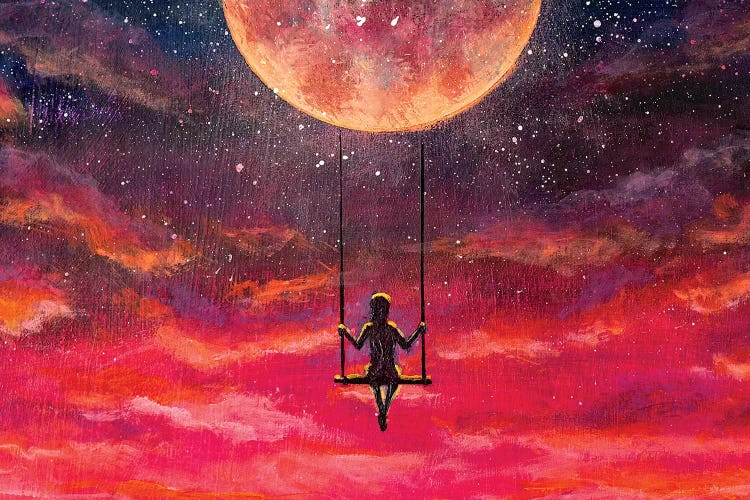 Girl Guy Rides On Swing In Sky Against Starry Sky.