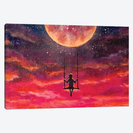Girl Guy Rides On Swing In Sky Against Starry Sky. Canvas Print #VRY376} by Valery Rybakow Canvas Print