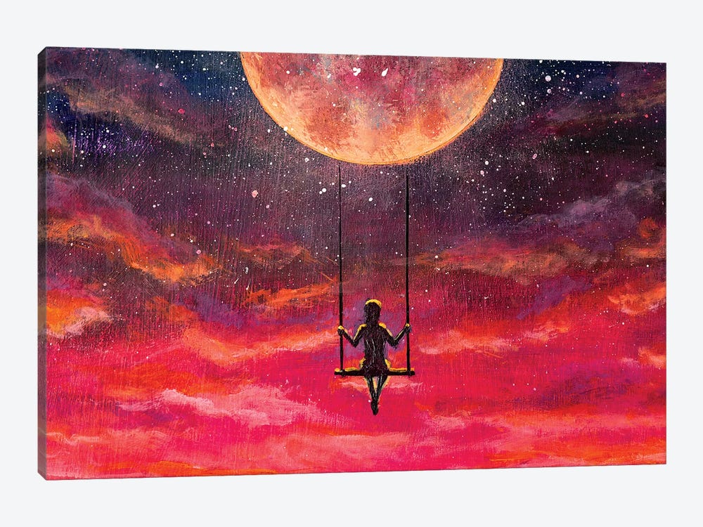 Girl Guy Rides On Swing In Sky Against Starry Sky. by Valery Rybakow 1-piece Art Print