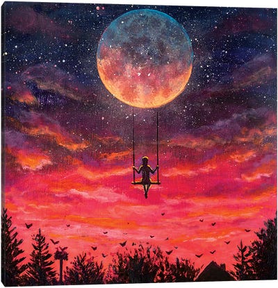 Man Riding On Big Moon Planet Earth Canvas Art Print - Valery Rybakow