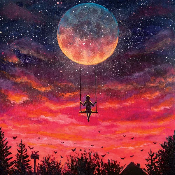Valery Rybakow: Man Riding On Big Moon Planet Earth by Valery Rybakow