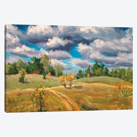 Beautiful Clouds Old Rural Houses In Spring Field Canvas Print #VRY380} by Valery Rybakow Canvas Print