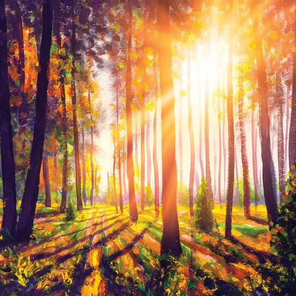 Valery Rybakow: Spring Forest Trees. Nature Green Wood Sunlight Background by Valery Rybakow
