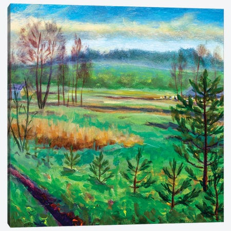 Green meadows fields foggy forest hill Canvas Print #VRY394} by Valery Rybakow Canvas Print