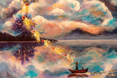 Girl And Cat In Boat by Valery Rybakow canvas print