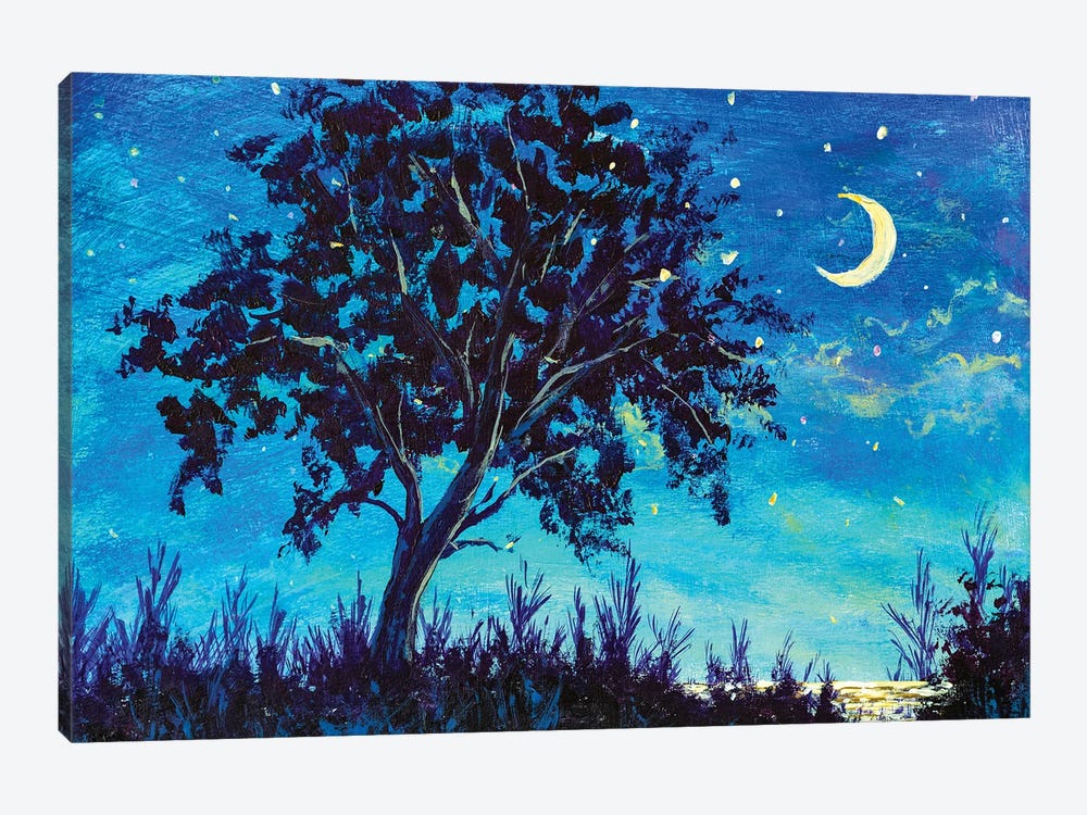 Starry Night Sky With Crescent Moon And Lonely Tree by Valery Rybakow 1-piece Art Print