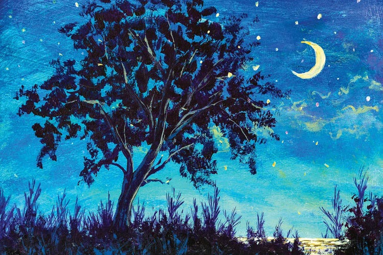 Starry Night Sky With Crescent Moon And Lonely Tree