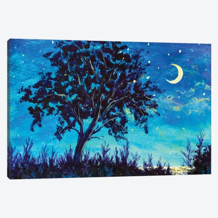 Starry Night Sky With Crescent Moon And Lonely Tree Canvas Print #VRY400} by Valery Rybakow Canvas Art