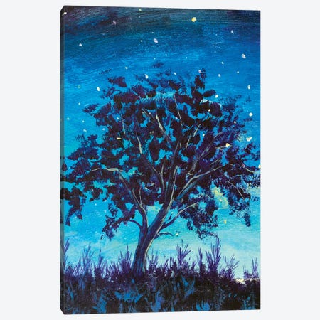 Shooting Stars In Fantasy Landscape At Night. Big lonely dark tree Canvas Print #VRY401} by Valery Rybakow Canvas Wall Art