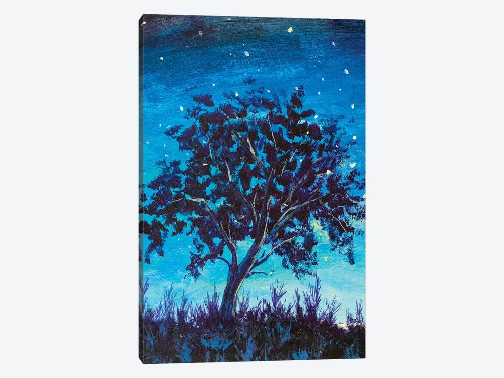 Shooting Stars In Fantasy Landscape At Night. Big lonely dark tree by Valery Rybakow 1-piece Canvas Wall Art