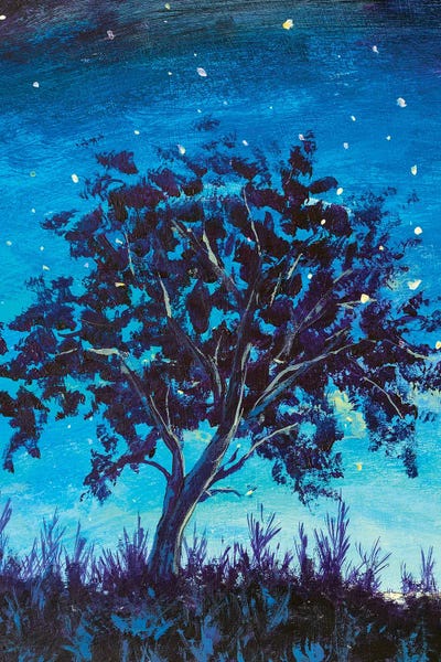 Shooting Stars In Fantasy Landscape At Night. Big lonely dark tree